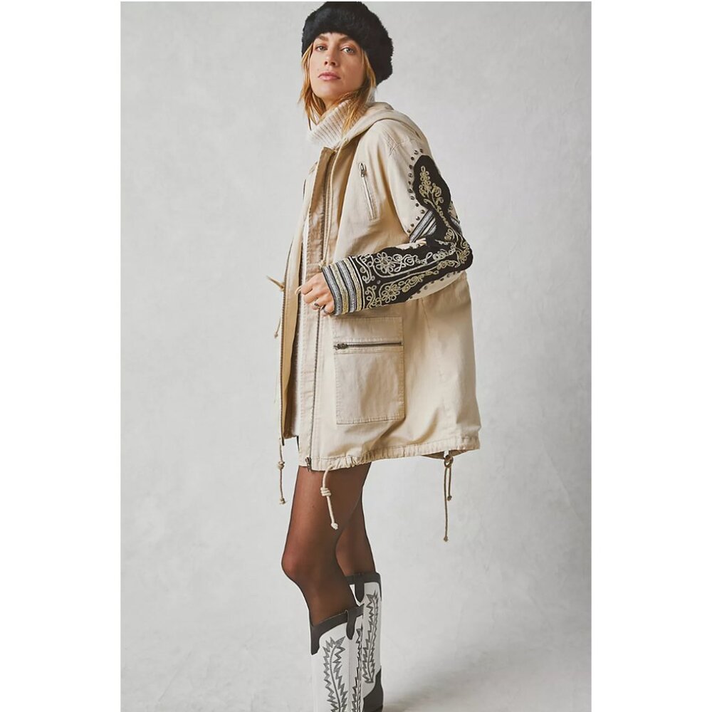 Free People Golden Quills Cream Jacket with Black Embroidered Sleeves
